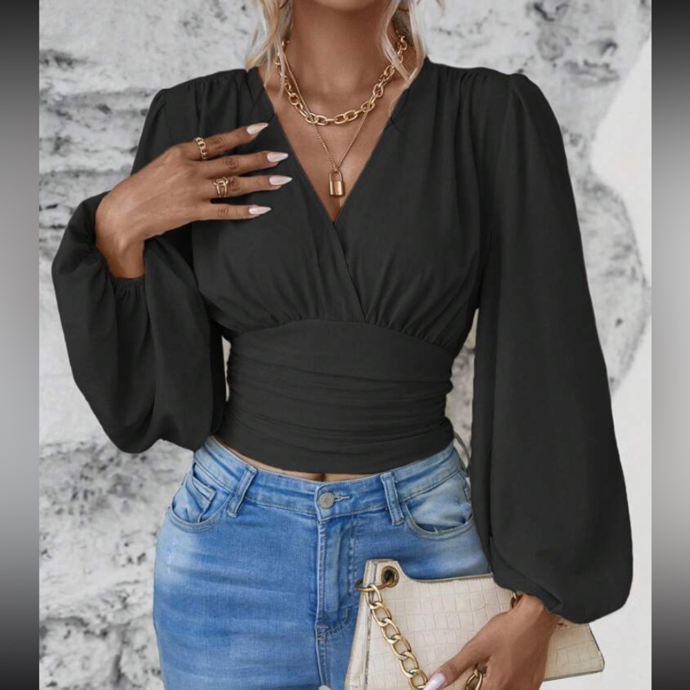 Solid Color V-Neck Lantern Sleeve Shirt